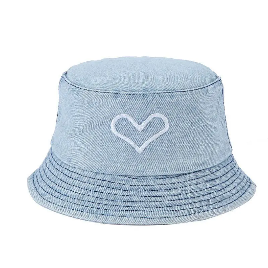 Heart Embroidered Denim Bucket Hat