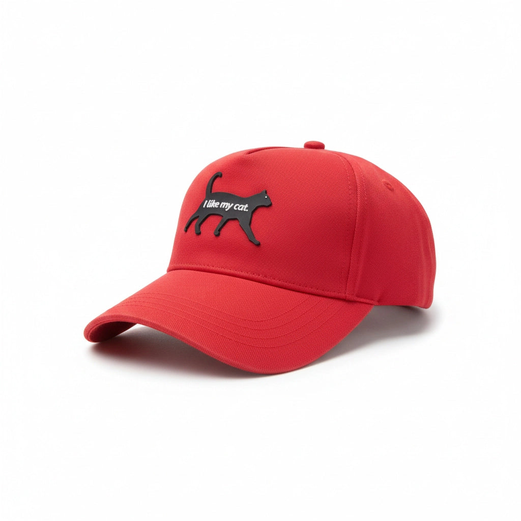 Red Cotton Baseball Cap with Cat Silhouette Patch