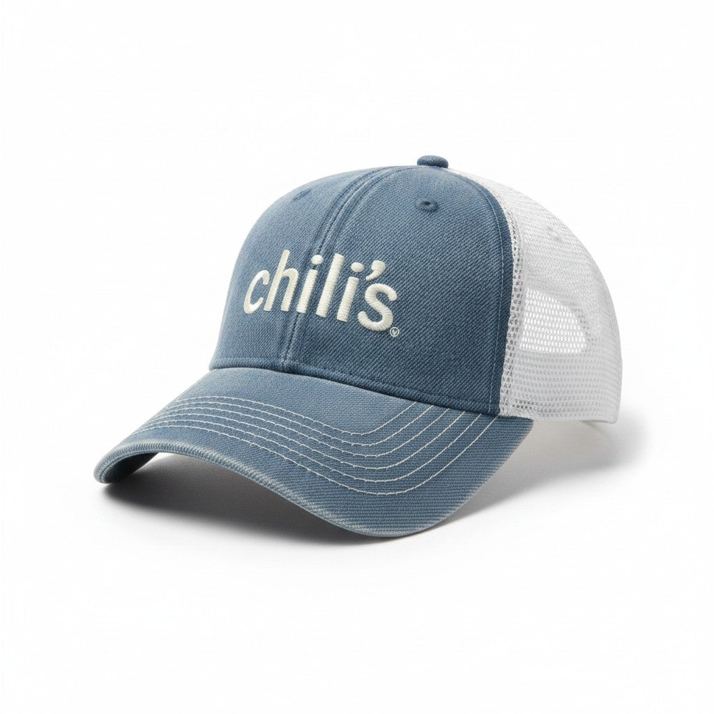 Chili’s Retro Trucker Cap – Washed Denim & White