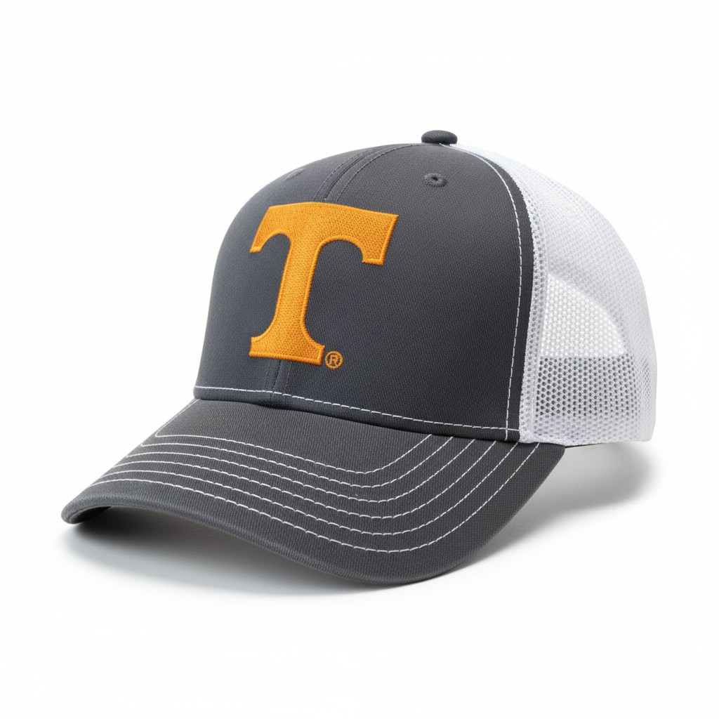 Tennessee Collegiate 'T' Mesh-Back Trucker Cap in Charcoal and White.