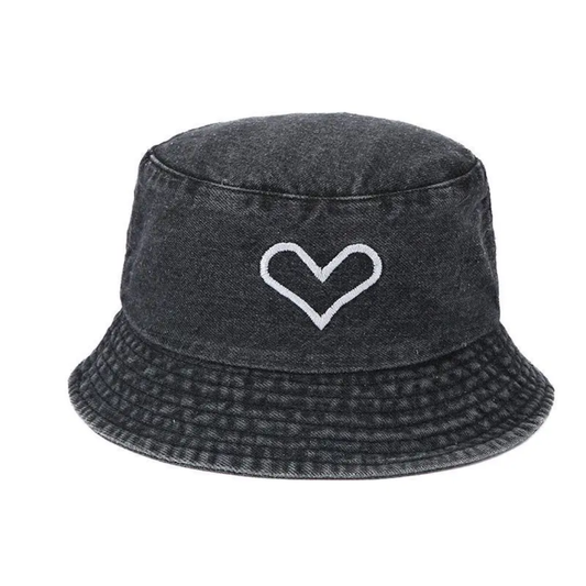 Heart Embroidered Denim Bucket Hat