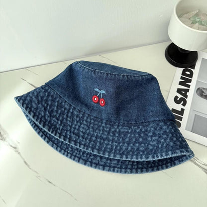 Cherry Embroidered Denim Bucket Hat