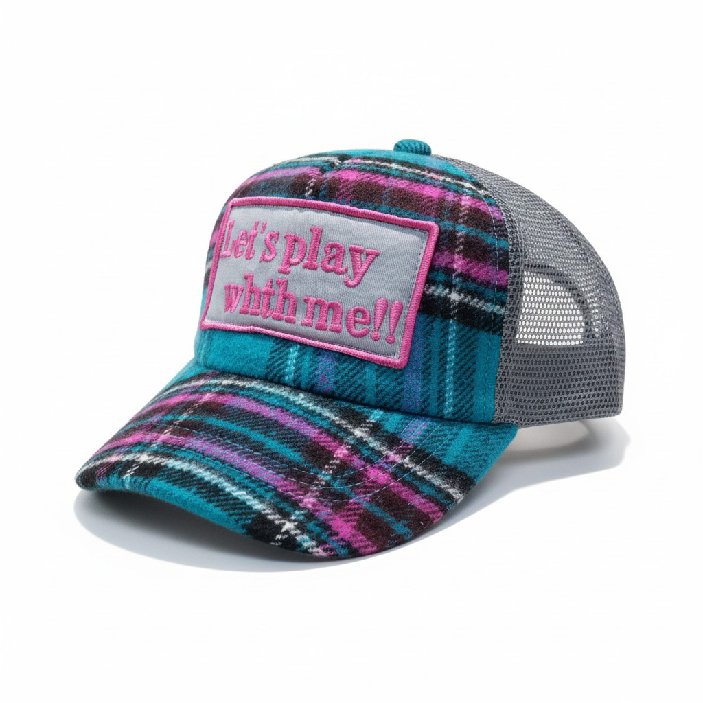 Plaid Flannel Mesh Trucker Hat – Teal & Magenta