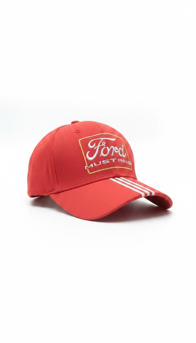 Ford Mustang Vintage Script Racing Stripe Cap - Red