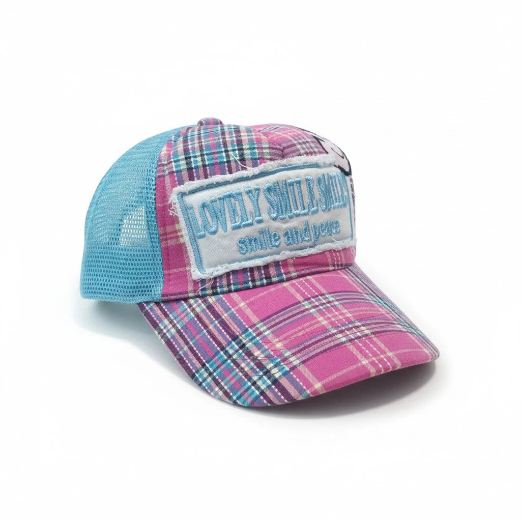 Pink Plaid "Lovely Smile" Trucker Cap