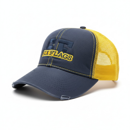 Six Flags Distressed Navy & Gold Trucker Hat