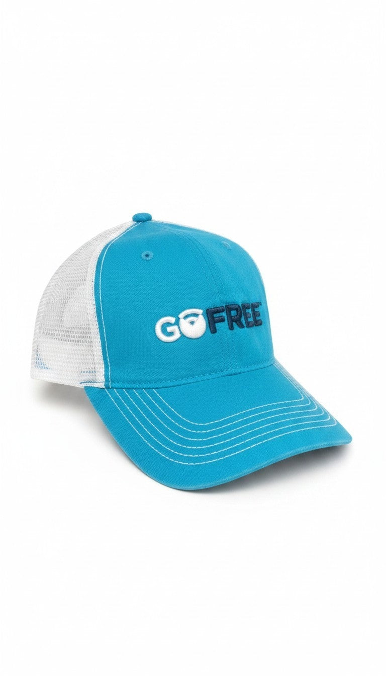 "GO FREE" Cyan & White Mesh Trucker Cap