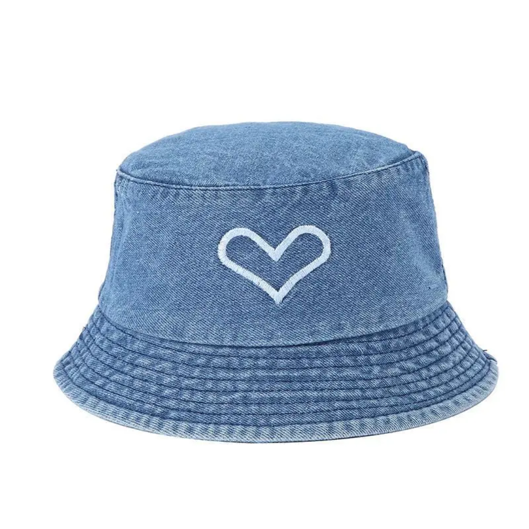 Heart Embroidered Denim Bucket Hat