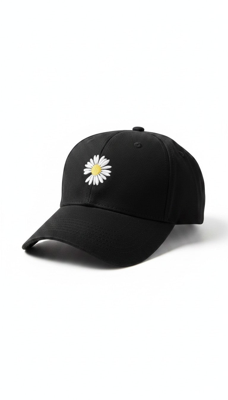 Embroidered Daisy Black Cap