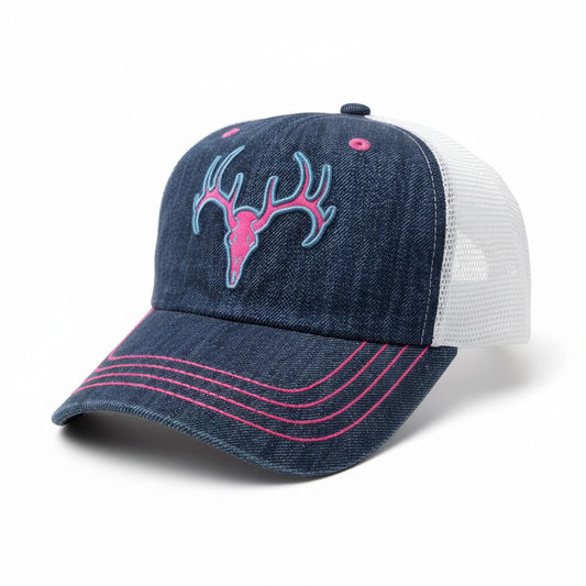 Premium Denim Pink Deer Trucker Cap