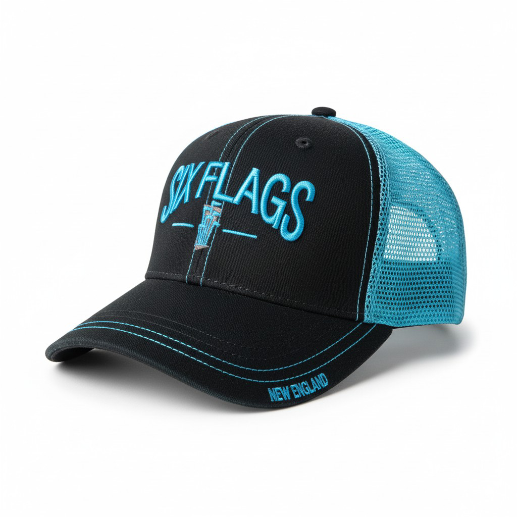 Six Flags New England Embroidered Trucker Hat - Black & Cyan