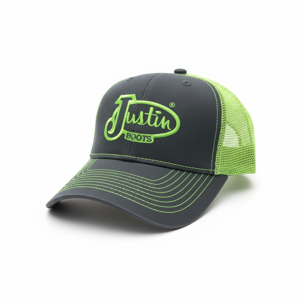 Justin Boots Two-Tone Mesh Back Trucker Hat – Charcoal & Neon Green