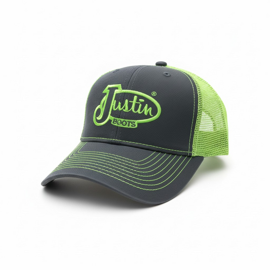 Justin Boots Two-Tone Mesh Back Trucker Hat – Charcoal & Neon Green
