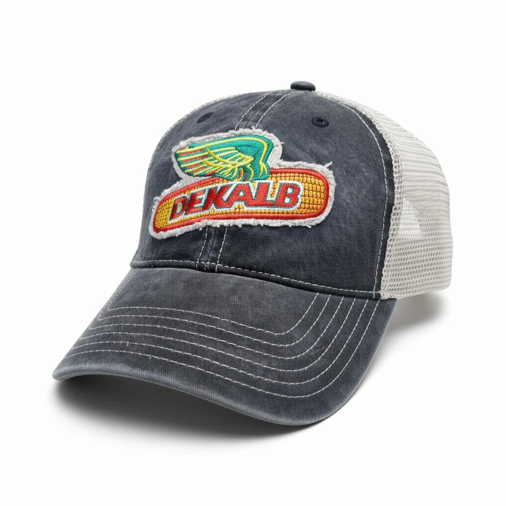 Vintage DEKALB Distressed Trucker Hat – Charcoal & Mesh.