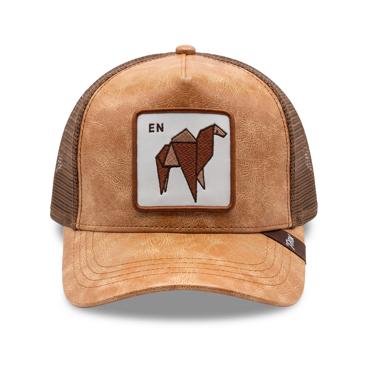Origami Camel Patch Trucker Cap – Brown Leather Finish