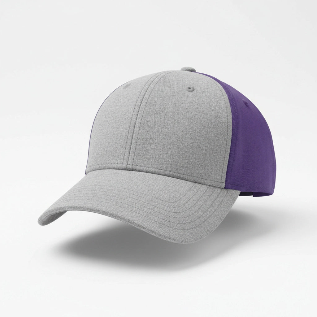 Two-Tone Structured Trucker Hat in Heather Gray and Royal Purple.