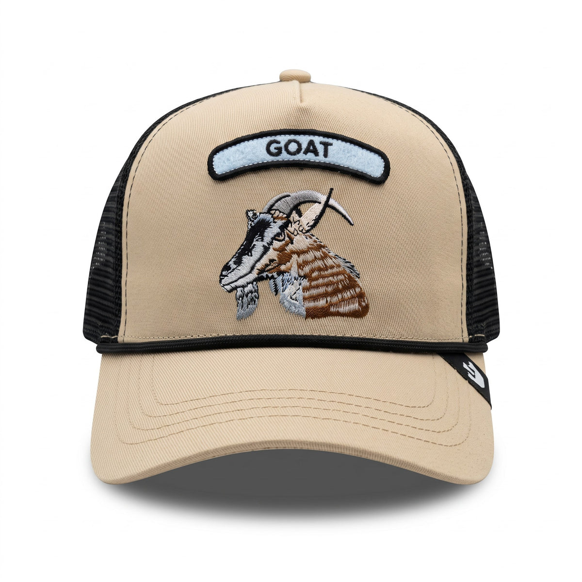 The "G.O.A.T." Beige & Black Rope Trucker Cap