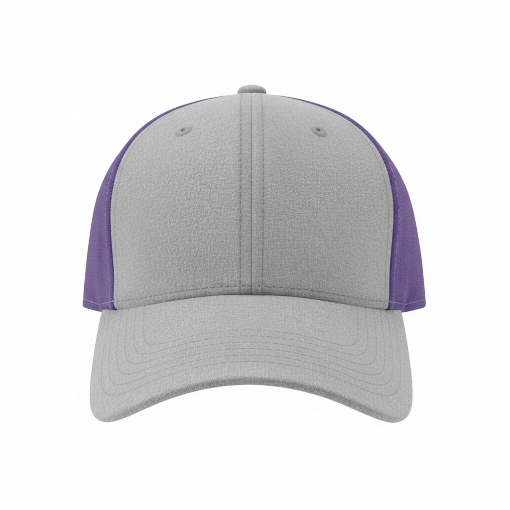 Two-Tone Structured Trucker Hat in Heather Gray and Royal Purple.