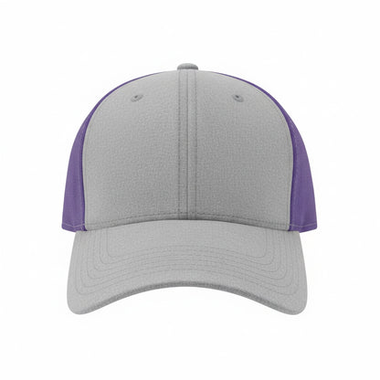 Two-Tone Structured Trucker Hat in Heather Gray and Royal Purple.