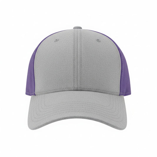 Two-Tone Structured Trucker Hat in Heather Gray and Royal Purple.