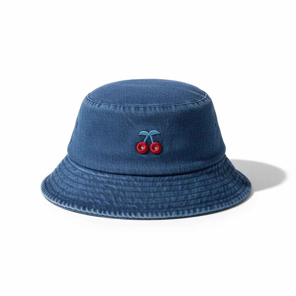 Cherry Embroidered Denim Bucket Hat