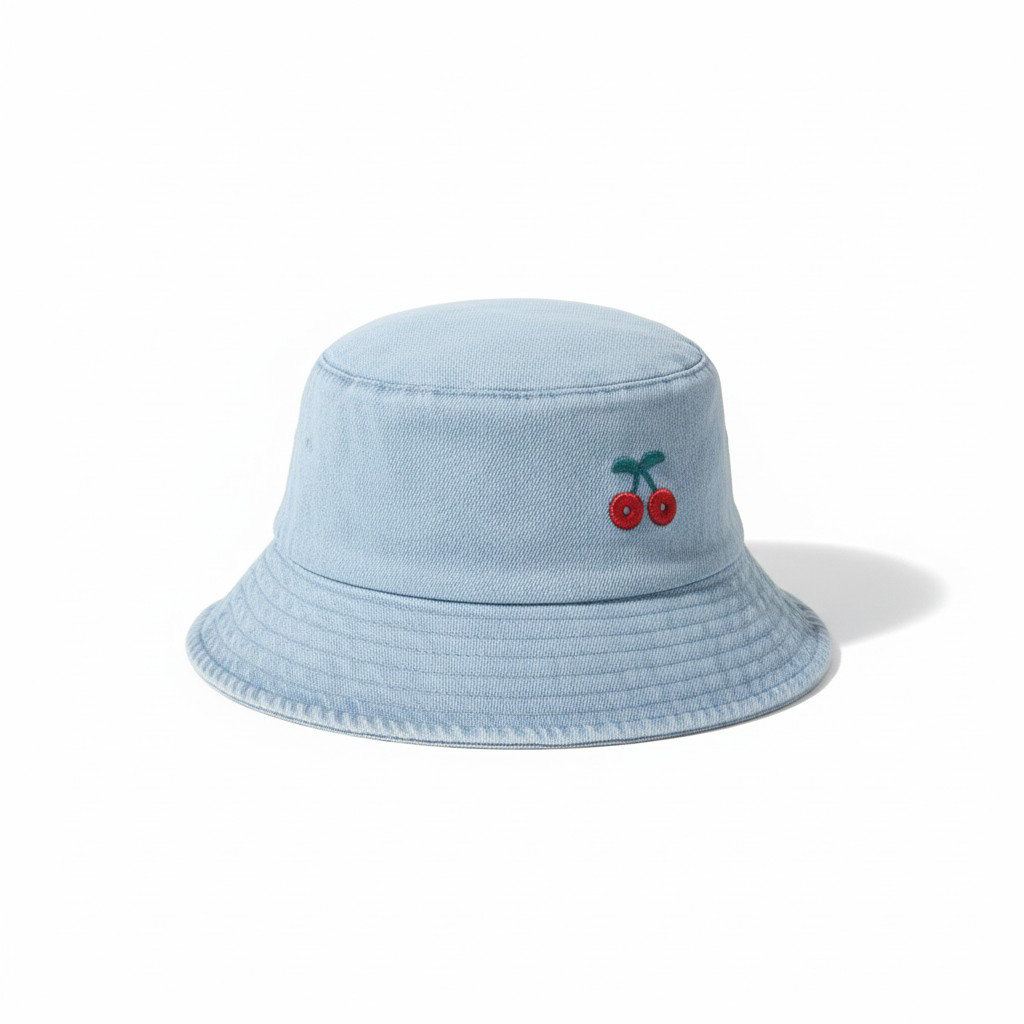 Cherry Embroidered Denim Bucket Hat